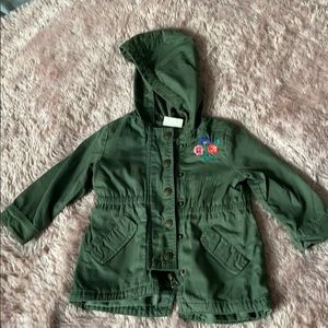 Army Green Zip Up Hoodie Jacket w/Flowers